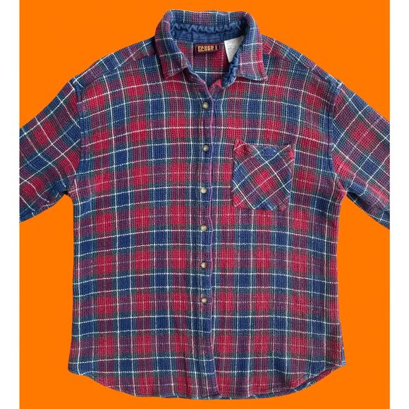 90's vintage textured plaid flannel button up collared long sleeve blouse LARGE - Picture 3 of 9